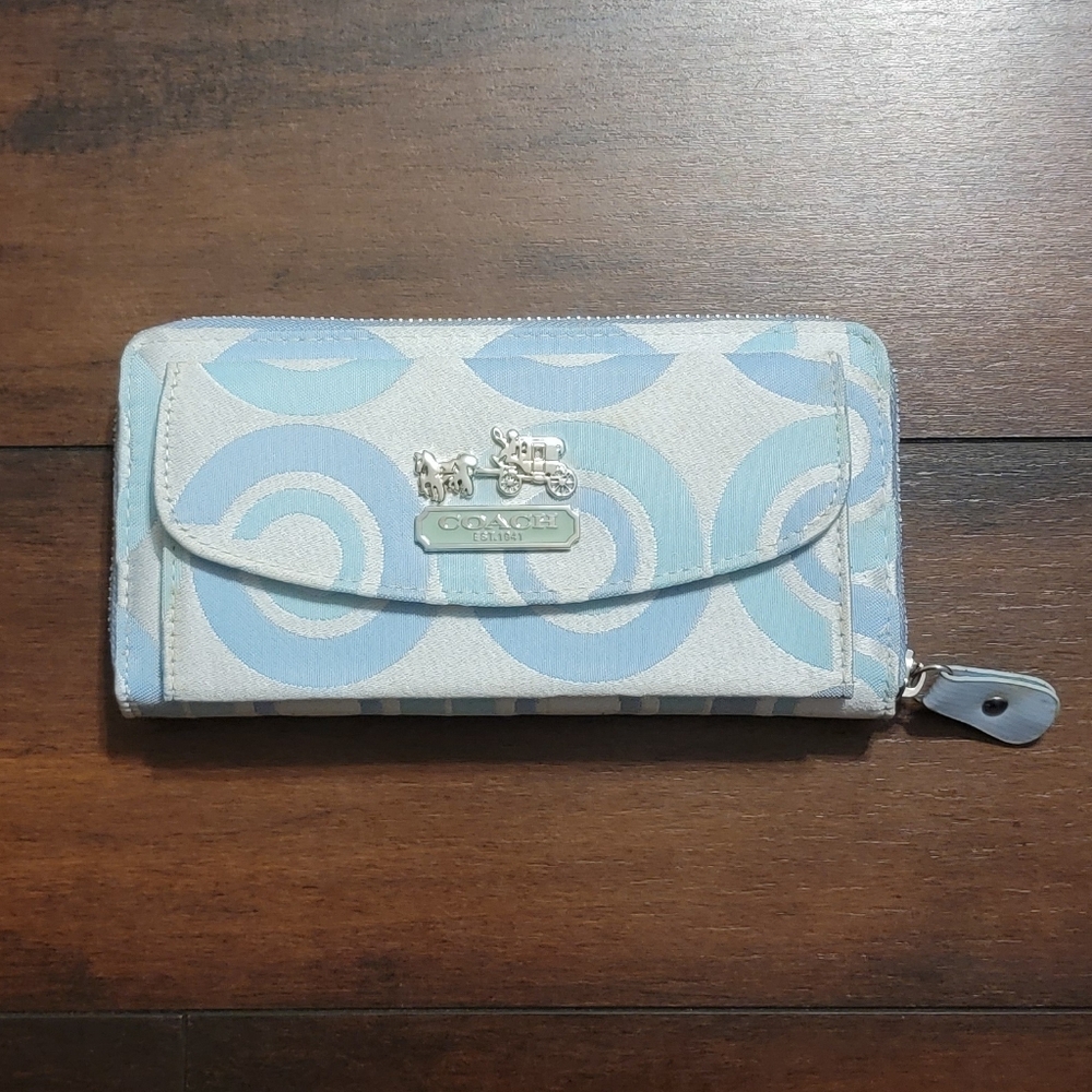 Coach Light Blue and Cream Signature Zip Around Wristlet Wallet